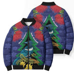 New Zealand Christmas In July Bomber Puffer Jacket Kowhai Tui Bird With Pohutukawa - Blue - Aussie Hoodie