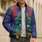 New Zealand Christmas In July Bomber Puffer Jacket Kowhai Tui Bird With Pohutukawa - Blue - Aussie Hoodie