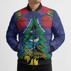New Zealand Christmas In July Bomber Puffer Jacket Kowhai Tui Bird With Pohutukawa - Blue - Aussie Hoodie