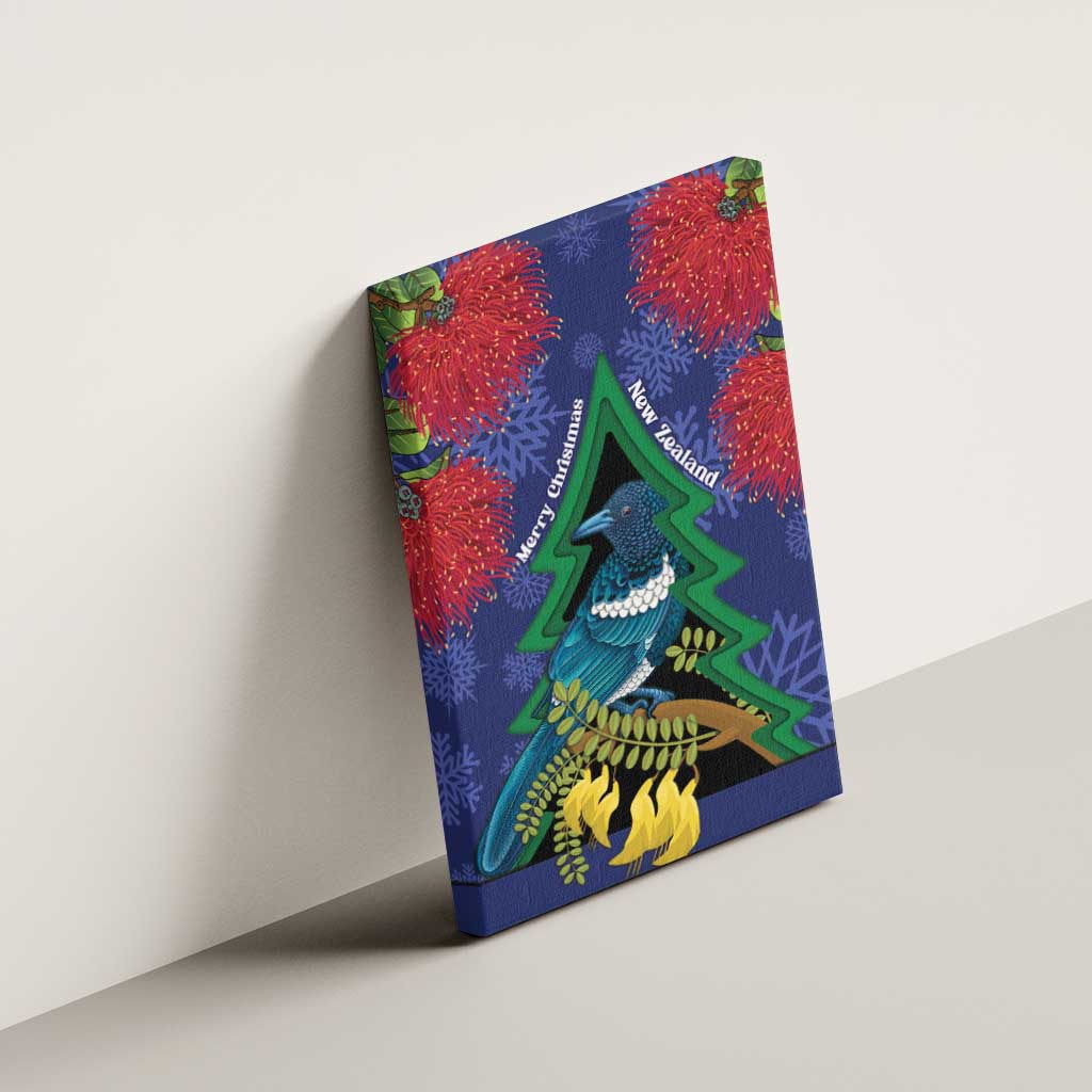 New Zealand Christmas In July Canvas Wall Art Kowhai Tui Bird With Pohutukawa - Blue
