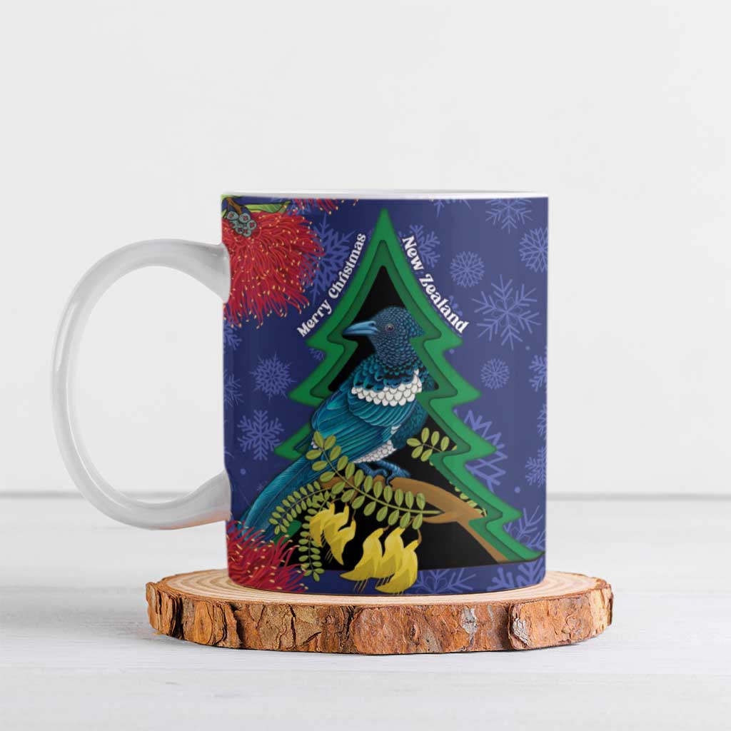 New Zealand Christmas In July Ceramic Mug Kowhai Tui Bird With Pohutukawa - Blue - Aussie Hoodie