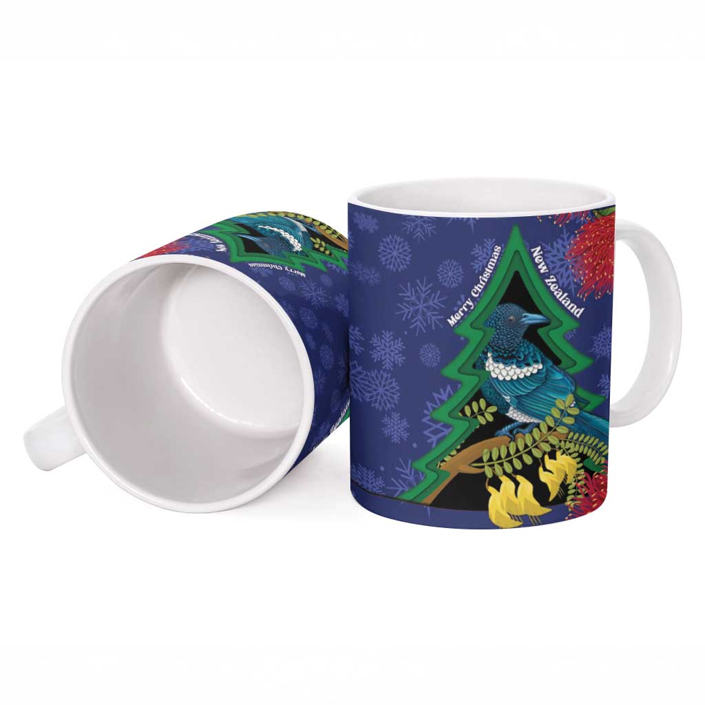 New Zealand Christmas In July Ceramic Mug Kowhai Tui Bird With Pohutukawa - Blue - Aussie Hoodie