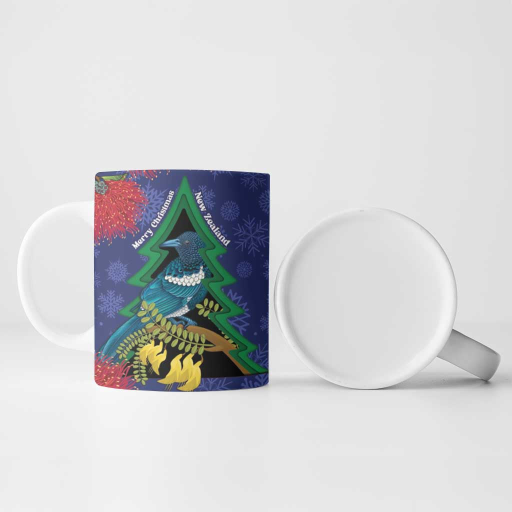 New Zealand Christmas In July Ceramic Mug Kowhai Tui Bird With Pohutukawa - Blue - Aussie Hoodie