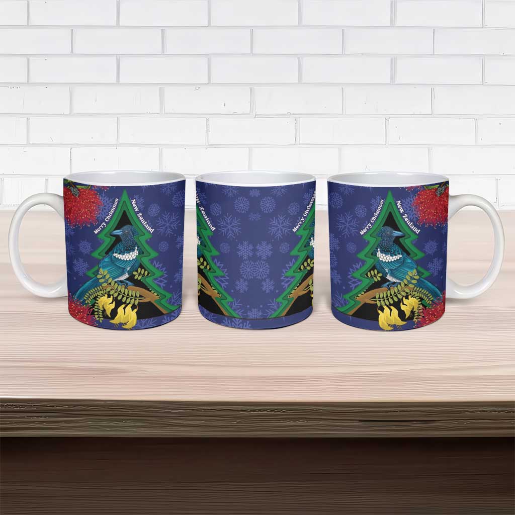 New Zealand Christmas In July Ceramic Mug Kowhai Tui Bird With Pohutukawa - Blue - Aussie Hoodie
