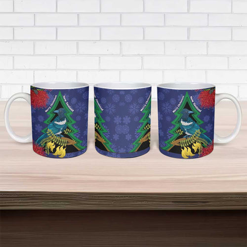New Zealand Christmas In July Ceramic Mug Kowhai Tui Bird With Pohutukawa - Blue - Aussie Hoodie