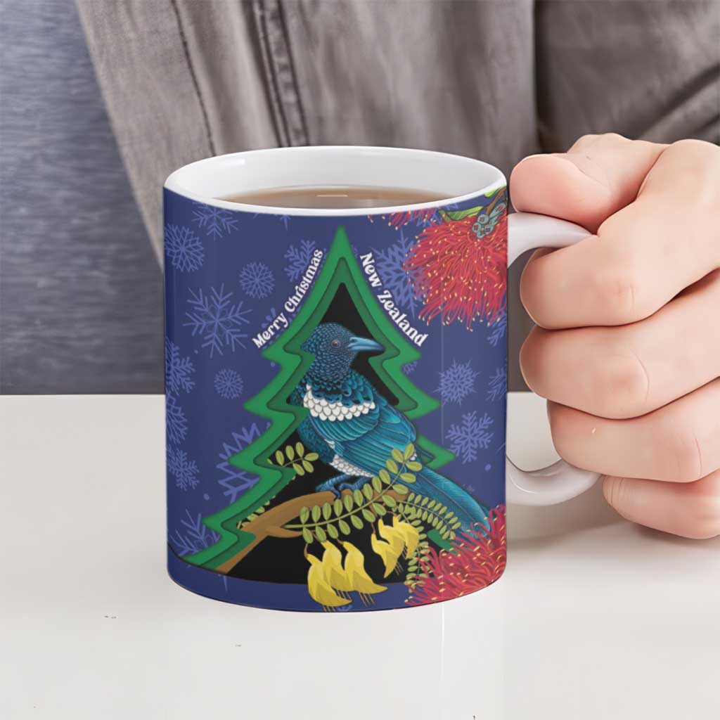 New Zealand Christmas In July Ceramic Mug Kowhai Tui Bird With Pohutukawa - Blue - Aussie Hoodie