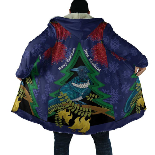 New Zealand Christmas In July Cloak Kowhai Tui Bird With Pohutukawa - Blue - Aussie Hoodie