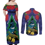 New Zealand Christmas In July Couples Matching Off Shoulder Maxi Dress and Long Sleeve Button Shirt Kowhai Tui Bird With Pohutukawa - Blue