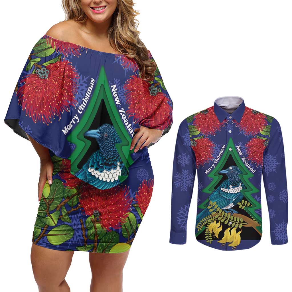 New Zealand Christmas In July Couples Matching Off Shoulder Short Dress and Long Sleeve Button Shirt Kowhai Tui Bird With Pohutukawa - Blue