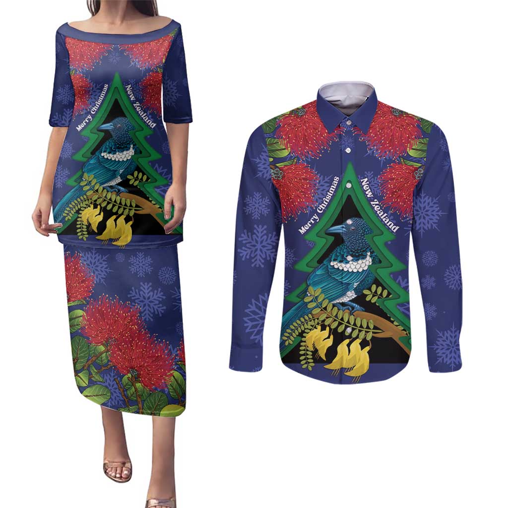 New Zealand Christmas In July Couples Matching Puletasi and Long Sleeve Button Shirt Kowhai Tui Bird With Pohutukawa - Blue