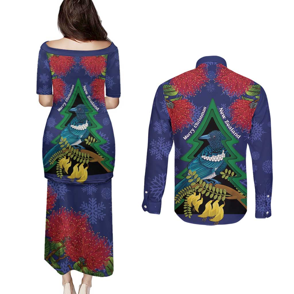 New Zealand Christmas In July Couples Matching Puletasi and Long Sleeve Button Shirt Kowhai Tui Bird With Pohutukawa - Blue