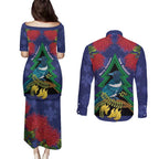 New Zealand Christmas In July Couples Matching Puletasi and Long Sleeve Button Shirt Kowhai Tui Bird With Pohutukawa - Blue