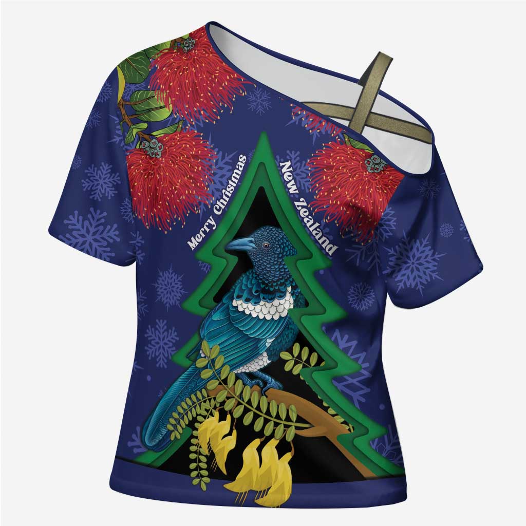 New Zealand Christmas In July Cross Shoulder Shirt Kowhai Tui Bird With Pohutukawa - Blue - Aussie Hoodie