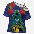 New Zealand Christmas In July Cross Shoulder Shirt Kowhai Tui Bird With Pohutukawa - Blue - Aussie Hoodie