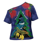 New Zealand Christmas In July Cross Shoulder Shirt Kowhai Tui Bird With Pohutukawa - Blue - Aussie Hoodie