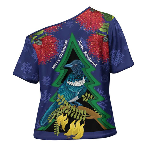 New Zealand Christmas In July Cross Shoulder Shirt Kowhai Tui Bird With Pohutukawa - Blue - Aussie Hoodie