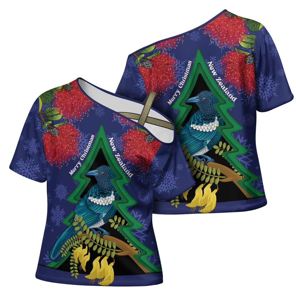 New Zealand Christmas In July Cross Shoulder Shirt Kowhai Tui Bird With Pohutukawa - Blue - Aussie Hoodie