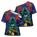 New Zealand Christmas In July Cross Shoulder Shirt Kowhai Tui Bird With Pohutukawa - Blue - Aussie Hoodie