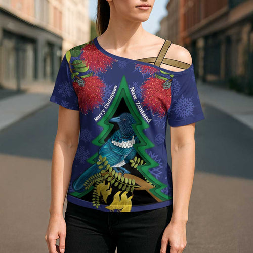 New Zealand Christmas In July Cross Shoulder Shirt Kowhai Tui Bird With Pohutukawa - Blue - Aussie Hoodie