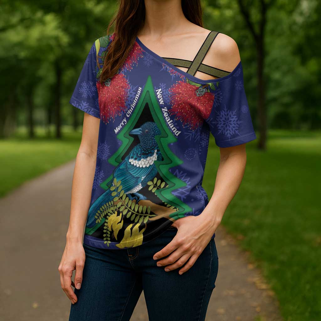New Zealand Christmas In July Cross Shoulder Shirt Kowhai Tui Bird With Pohutukawa - Blue - Aussie Hoodie