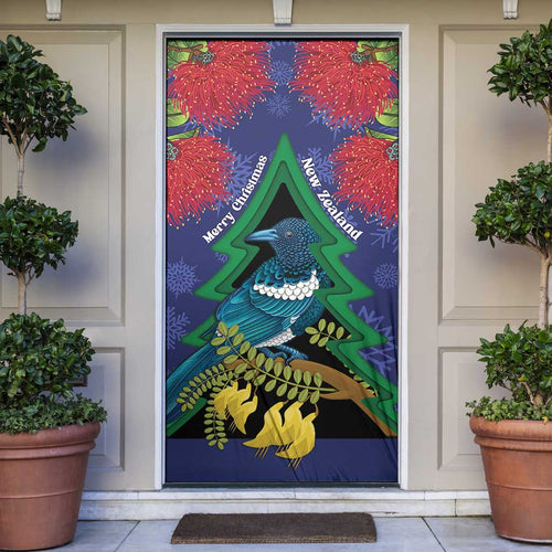 New Zealand Christmas In July Door Cover Kowhai Tui Bird With Pohutukawa - Blue - Aussie Hoodie