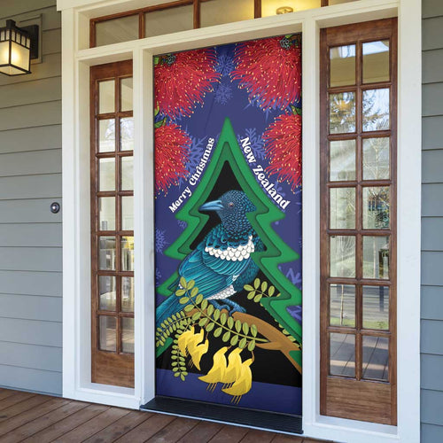 New Zealand Christmas In July Door Cover Kowhai Tui Bird With Pohutukawa - Blue - Aussie Hoodie