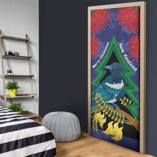New Zealand Christmas In July Door Cover Kowhai Tui Bird With Pohutukawa - Blue - Aussie Hoodie