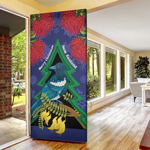 New Zealand Christmas In July Door Cover Kowhai Tui Bird With Pohutukawa - Blue - Aussie Hoodie
