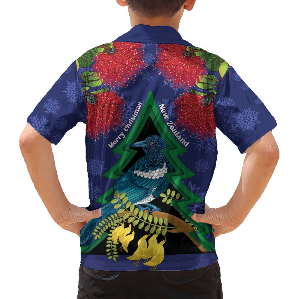 New Zealand Christmas In July Family Matching Long Sleeve Bodycon Dress and Hawaiian Shirt Kowhai Tui Bird With Pohutukawa - Blue