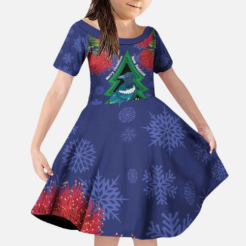 New Zealand Christmas In July Family Matching Mermaid Dress and Hawaiian Shirt Kowhai Tui Bird With Pohutukawa - Blue