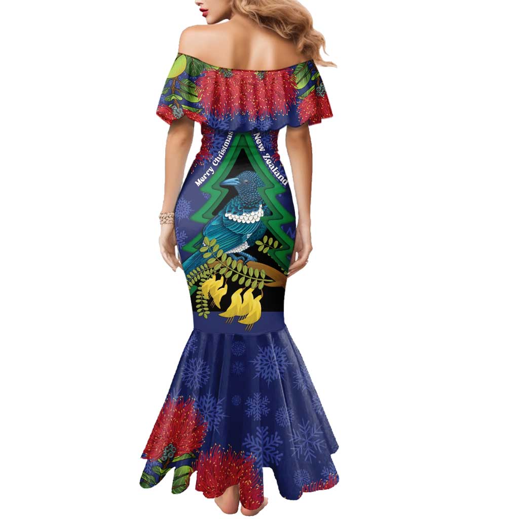 New Zealand Christmas In July Family Matching Mermaid Dress and Hawaiian Shirt Kowhai Tui Bird With Pohutukawa - Blue