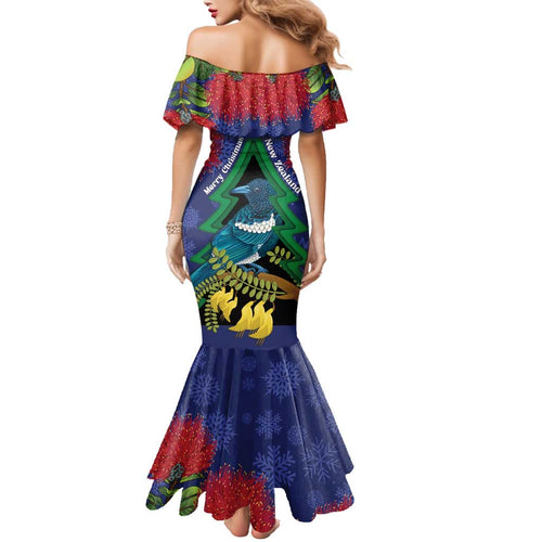 New Zealand Christmas In July Family Matching Mermaid Dress and Hawaiian Shirt Kowhai Tui Bird With Pohutukawa - Blue
