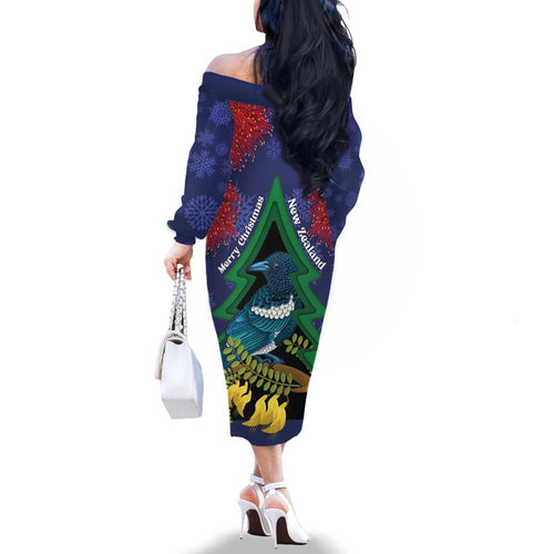 New Zealand Christmas In July Family Matching Off The Shoulder Long Sleeve Dress and Hawaiian Shirt Kowhai Tui Bird With Pohutukawa - Blue