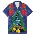 New Zealand Christmas In July Family Matching Off Shoulder Maxi Dress and Hawaiian Shirt Kowhai Tui Bird With Pohutukawa - Blue