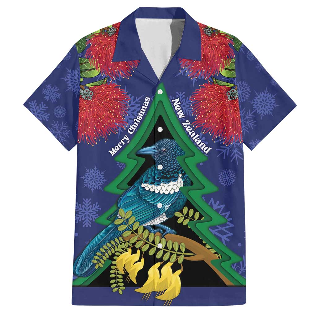 New Zealand Christmas In July Family Matching Off Shoulder Maxi Dress and Hawaiian Shirt Kowhai Tui Bird With Pohutukawa - Blue