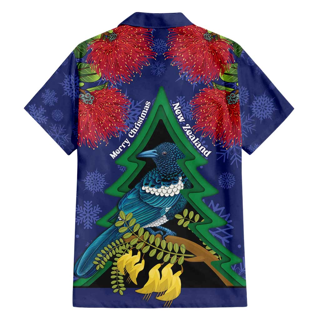 New Zealand Christmas In July Family Matching Off Shoulder Maxi Dress and Hawaiian Shirt Kowhai Tui Bird With Pohutukawa - Blue