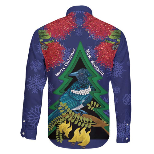New Zealand Christmas In July Family Matching Off Shoulder Maxi Dress and Hawaiian Shirt Kowhai Tui Bird With Pohutukawa - Blue