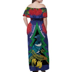 New Zealand Christmas In July Family Matching Off Shoulder Maxi Dress and Hawaiian Shirt Kowhai Tui Bird With Pohutukawa - Blue