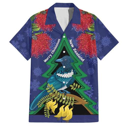 New Zealand Christmas In July Family Matching Off Shoulder Short Dress and Hawaiian Shirt Kowhai Tui Bird With Pohutukawa - Blue