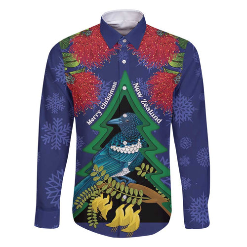New Zealand Christmas In July Family Matching Off Shoulder Short Dress and Hawaiian Shirt Kowhai Tui Bird With Pohutukawa - Blue