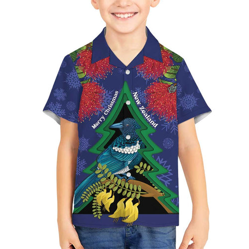 New Zealand Christmas In July Family Matching Off Shoulder Short Dress and Hawaiian Shirt Kowhai Tui Bird With Pohutukawa - Blue