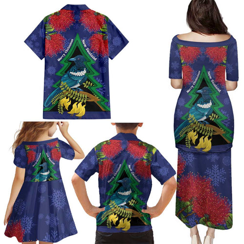 New Zealand Christmas In July Family Matching Puletasi and Hawaiian Shirt Kowhai Tui Bird With Pohutukawa - Blue