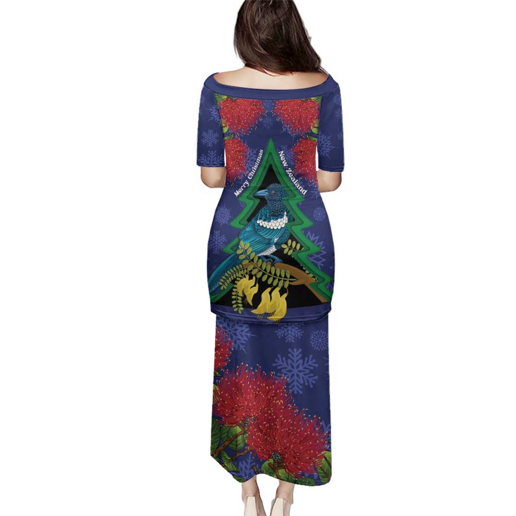 New Zealand Christmas In July Family Matching Puletasi and Hawaiian Shirt Kowhai Tui Bird With Pohutukawa - Blue