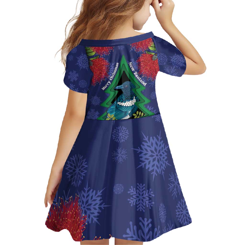New Zealand Christmas In July Family Matching Short Sleeve Bodycon Dress and Hawaiian Shirt Kowhai Tui Bird With Pohutukawa - Blue