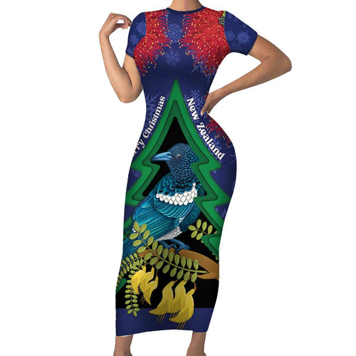 New Zealand Christmas In July Family Matching Short Sleeve Bodycon Dress and Hawaiian Shirt Kowhai Tui Bird With Pohutukawa - Blue