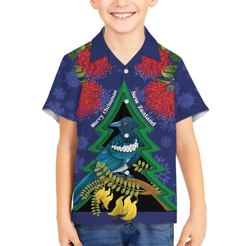 New Zealand Christmas In July Family Matching Short Sleeve Bodycon Dress and Hawaiian Shirt Kowhai Tui Bird With Pohutukawa - Blue