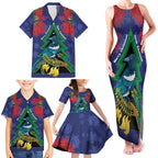 New Zealand Christmas In July Family Matching Tank Maxi Dress and Hawaiian Shirt Kowhai Tui Bird With Pohutukawa - Blue