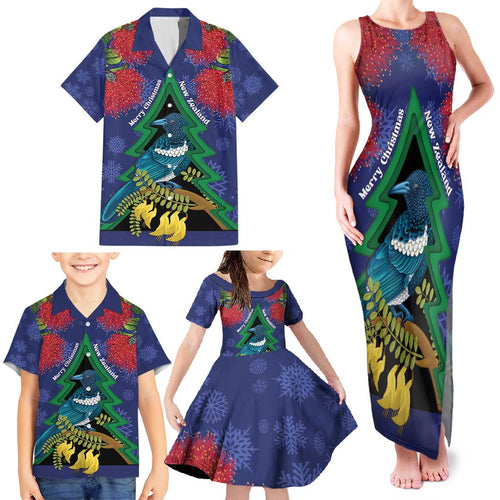 New Zealand Christmas In July Family Matching Tank Maxi Dress and Hawaiian Shirt Kowhai Tui Bird With Pohutukawa - Blue