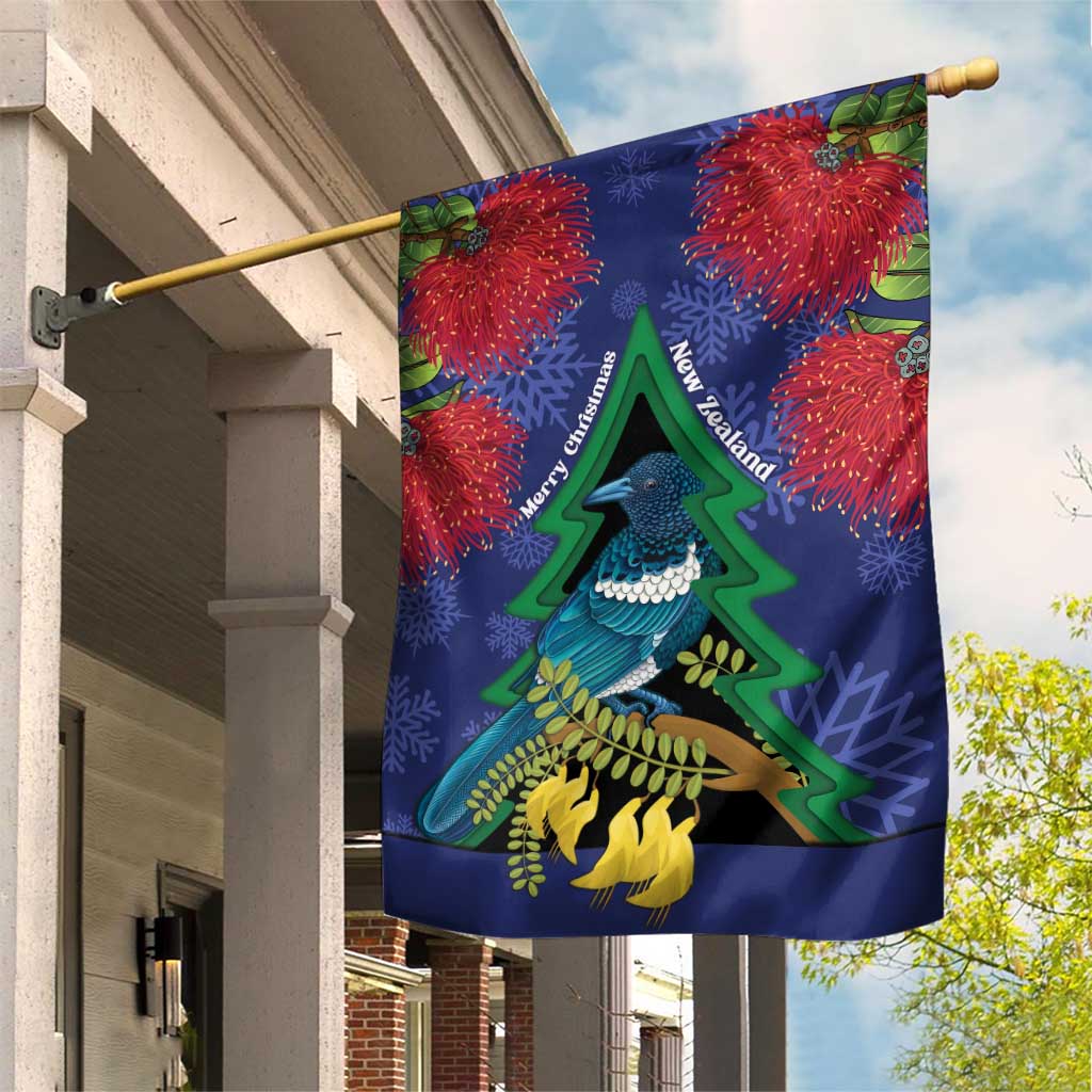 New Zealand Christmas In July Garden Flag Kowhai Tui Bird With Pohutukawa - Blue