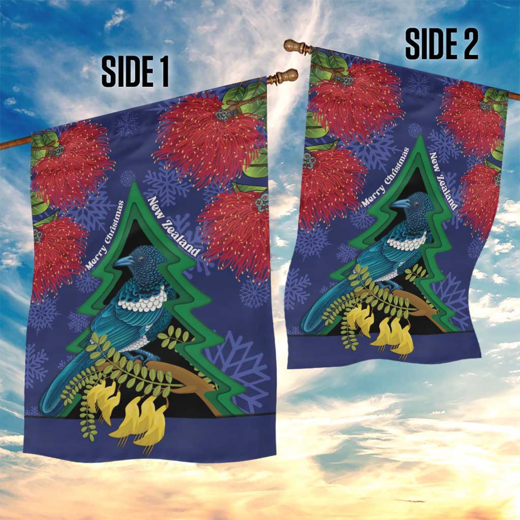 New Zealand Christmas In July Garden Flag Kowhai Tui Bird With Pohutukawa - Blue